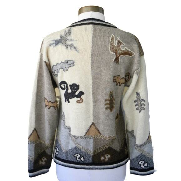 Peruvian Baby Alpaca Primitive Animal Intarsia Sweater Neutral Beige Tan Small - Picture 2 of 10